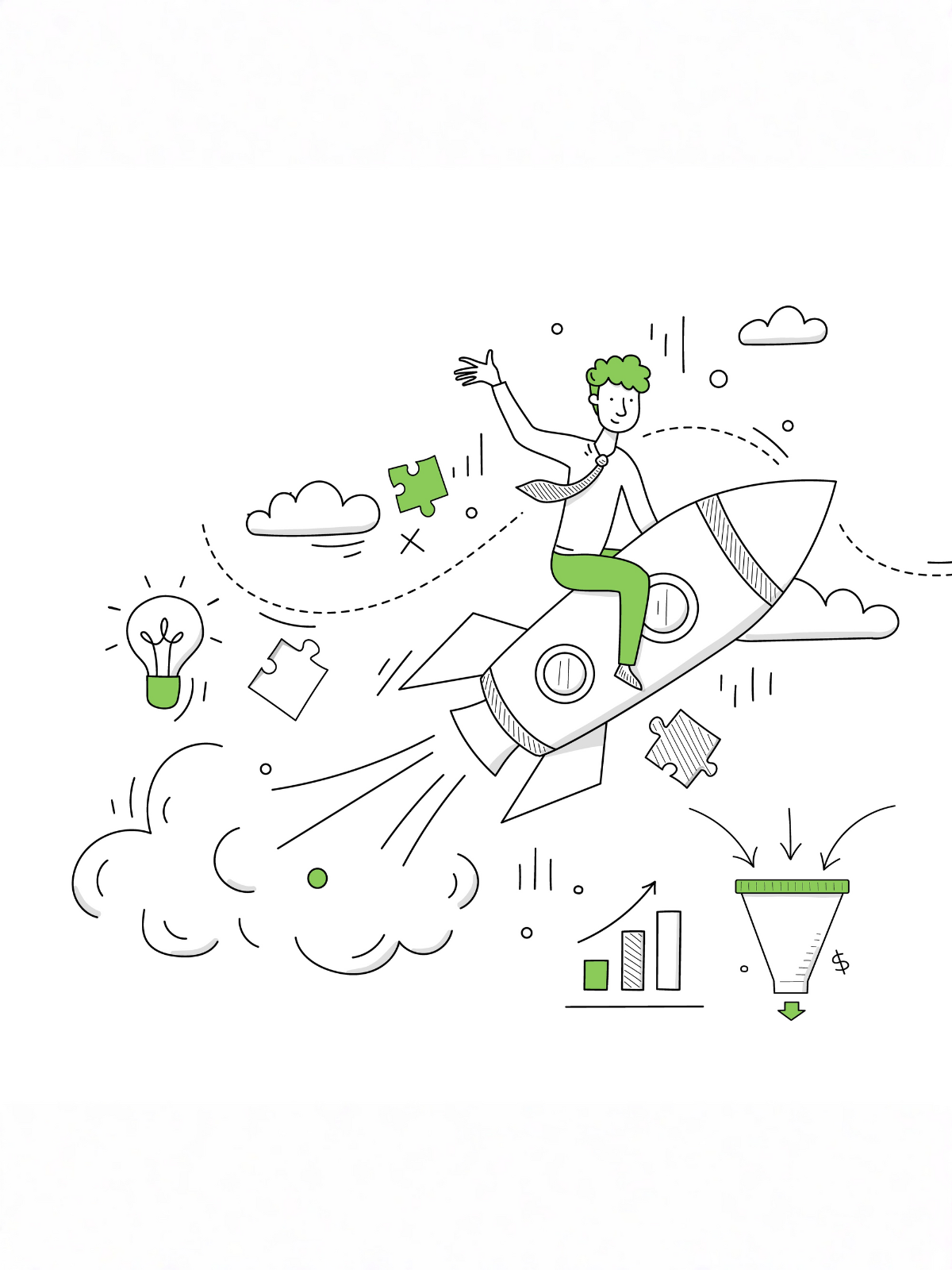 Person riding a rocket with green growth icons (chart, lightbulb, funnel), symbolizing digital marketing that drives real growth.